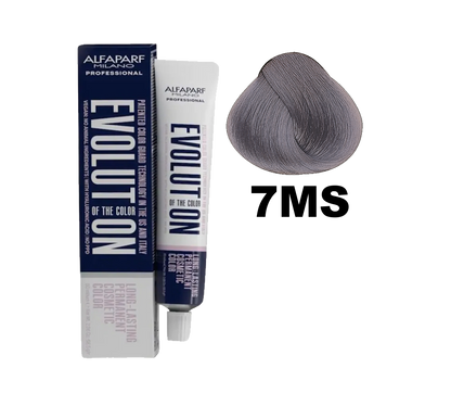 Tinte Evolution de Alfaparf en envase con coloración 7MS, color rubio miel con reflejos dorados, para cabello.