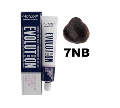 Tinte Evolution de Alfaparf en tono 7NB, muestra el color de cabello rubio oscuro ceniza en el frasco de la tintura.