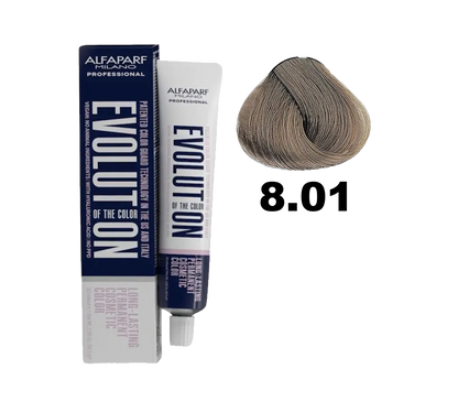 Tinte de cabello Evolution de Alfaparf en tono 8.01, color rubio claro con reflejos naturales, en envase de tintura.