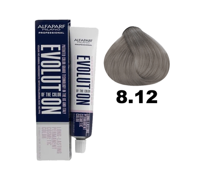 Tinte de cabello Evolution de Alfaparf en tono 8.12, color rubio claro ceniza, en envase con botella y tapa blanca.