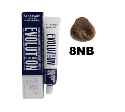 Tintura Evolution de Alfaparf en tono 8NB con frascos y guantes, muestra el color de cabello rubio ceniza natural.