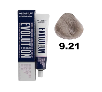 Tinte Evolution de Alfaparf en botella con coloración rubio ceniza 9.21 para cabello.