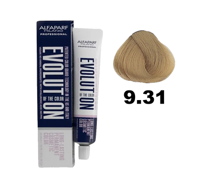 Tinte Evolution de Alfaparf en caja, muestra el tono 9.31 con color rubio dorado, diseño de envase y etiqueta visible.
