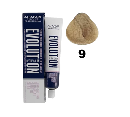 Tinte de cabello Evolution de Alfaparf en botella con tono rubio oscuro, mostrando el envase y la etiqueta.