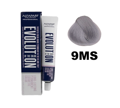Tinte Evolution de Alfaparf en caja con frascos y guantes, ideal para coloración capilar profesional.