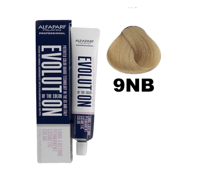Tinte Evolution de Alfaparf en botella con crema de color para cabello, en tono negro natural, muestra el producto en envase.