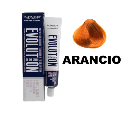 Tinte de coloración Alfaparf Evolution en tono naranja, muestra la fórmula y el envase de la tintura capilar.