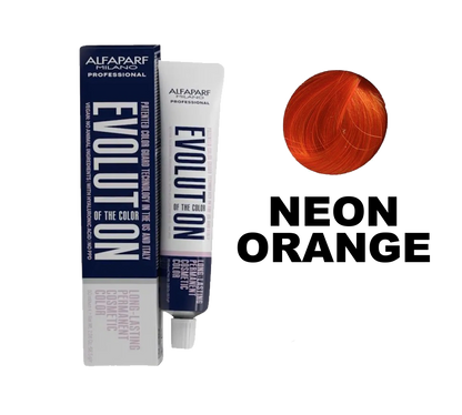 Tinte de cabello Evolution de Alfaparf en color naranja neón, muestra el envase y el tono vibrante de la tintura.