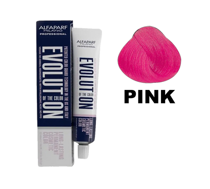 Tinte Evolution de Alfaparf en color rosa, frasco de tintura para cabello con envase y etiqueta visible