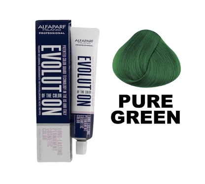 Tinte de coloración Alfaparf Evolution Pure Green en tubo, con tono verde vibrante para cabello.