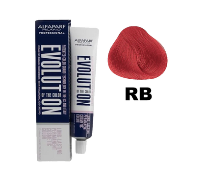 Tinte Evolution de Alfaparf en caja con frascos de color rojo y negro, listo para aplicar en cabello, con accesorios incluidos.