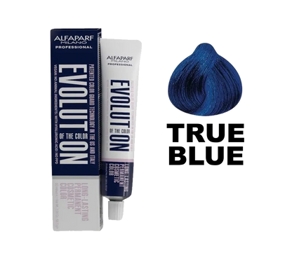 Tinte Evolution de Alfaparf en tono azul verdadero con frascos y fórmula en una imagen clara.