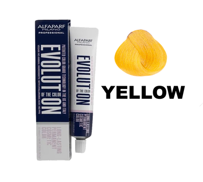 Tinte Evolution de Alfaparf en color amarillo, muestra el frasco y la textura de la tintura para el cabello.
