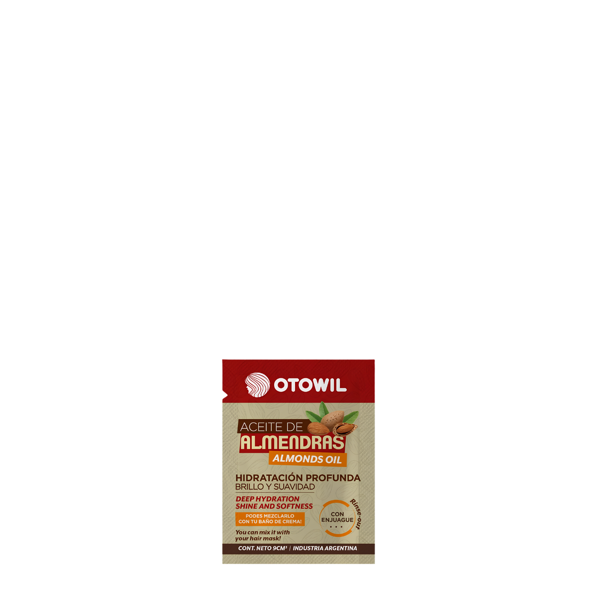 Aceite capilar nutritivo de almendras Otowil en sachet de 10 g/9 ml, tratamiento para cabello saludable y brillante.