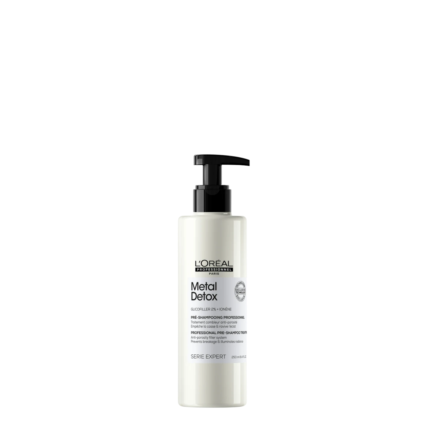 Envase de 250 ml del tratamiento Pre-Shampoo Anti-Porosidad Metal Detox de L'Oréal Professionnel Serie Expert, gel fortalecedor con Glicofiller para cabello poroso o teñido.