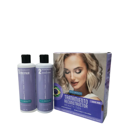 Tratamiento reconstructor Beauty-Tox de Mar Beauty en frasco de 100 ml, muestra el envase y textura del producto para cabello.