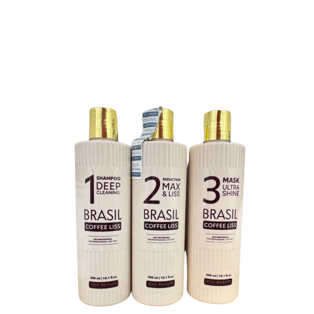 Kit Brasil Coffee Liss de Mar Beauty, de 300 ml, con productos para alisar el cabello con café, en envases visibles.