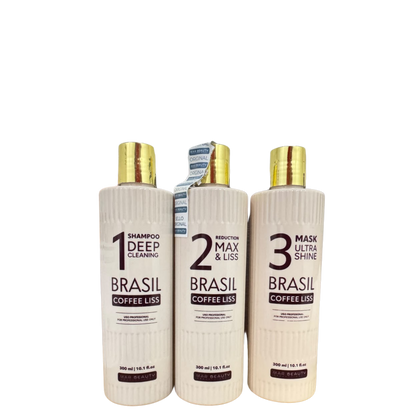 Kit Brasil Coffee Liss de Mar Beauty, de 300 ml, con productos para alisar el cabello con café, en envases visibles.