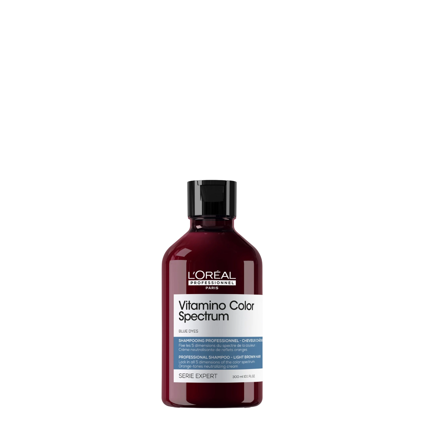 Champú Loreal Vitamino Color Spectrum azul, 300 ml, con fórmula para protección y brillo del cabello teñido en tonos azules.
