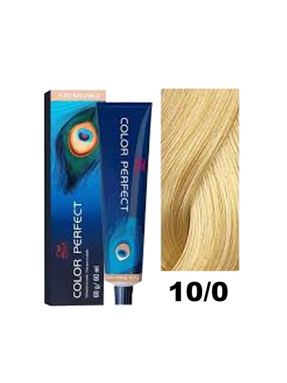 Tinte Wella Color Perfect en tono 10.0, caja con frasco y tubo de color para cabello rubio natural.