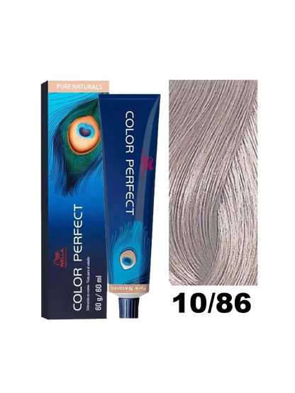 Tinte colorido Wella Color Perfect en tono 10.86, envase con crema de coloración para cabello.