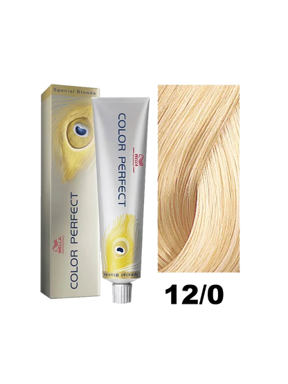 Tinte Wella Color Perfect 12.0, tono rubio claro, en botella con tapa, muestra color en la imagen.