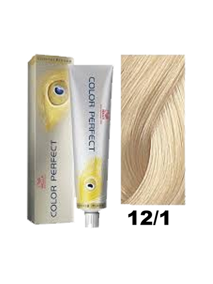 Tinte Wella Color Perfect en tono 12.1, muestra el frasco y el color rubio ceniza en la botella de tintura.