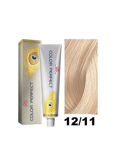 Tinte Wella Color Perfect, tono 12.11, muestra el color rubio ceniza claro en un frasco de tintura para cabello.