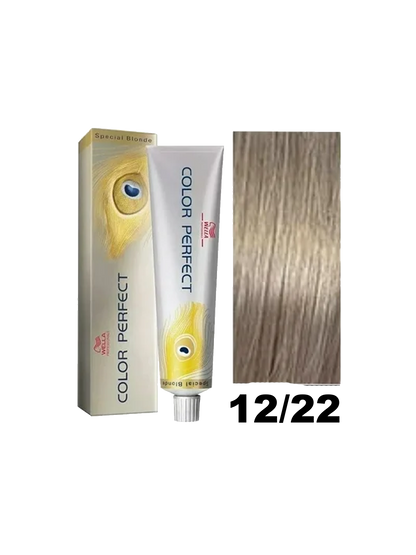 Tinte para cabello Wella Color Perfect tono 12.22, fórmula de color intenso y duradero, en envase con tapa blanca.