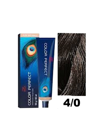 Tinte Color Perfect Wella en tono 4.0, coloración capilar de alta calidad con acabado natural y duradero.