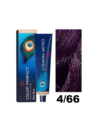 Tinte Wella Color Perfect en tono 4.66, caja con frascos y aplicador para coloración capilar en cabello.