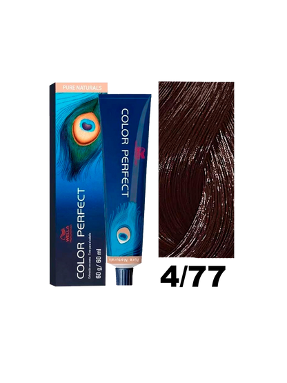 Tinte Color Perfect Wella en tono 4.77, muestra el color rubio oscuro con reflejos dorados en un frasco de tintura capilar