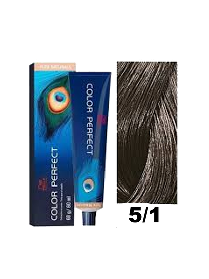 Tinte Wella Color Perfect 5.1 en caja con frasco, color rubio oscuro en botella de tintura para cabello.
