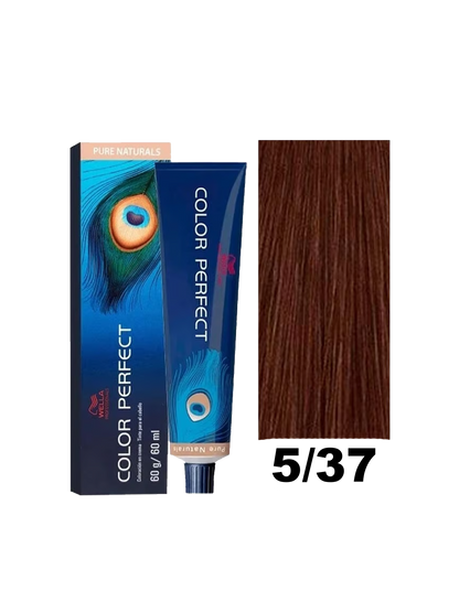 Tinte Color Perfect Wella tono 5.37 en frasco con crema colorante para cabello