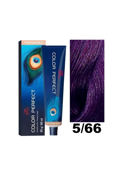Tinte Wella Color Perfect en tono 5.66, frasco con coloración para cabello en caja con instrucciones visibles