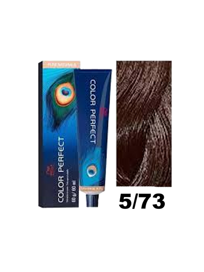 Tinte Wella Color Perfect en tono 5.73 con coloración uniforme y brillante para cabello.