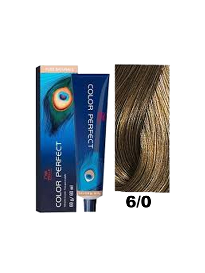 Tinte Wella Color Perfect en tono 6.0, muestra el frasco y la fórmula de color rubio oscuro en la caja.
