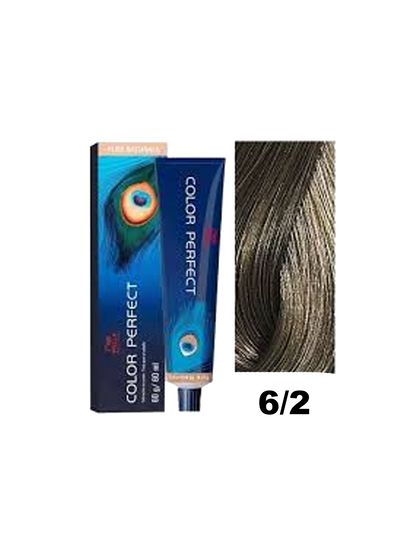 Tinte Wella Color Perfect tono 6.2 en botella con coloración para cabello, muestra el envase del producto.