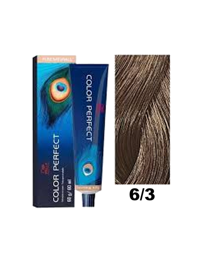 Tinte Wella Color Perfect en tono 6.3, color rubio oscuro, con frascos y tonos vibrantes, ideal para cabello.