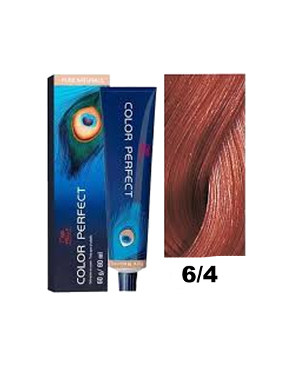 Tinte Wella Color Perfect en tono 6.4, caja con color y instrucciones para cabello de color castaño claro dorado