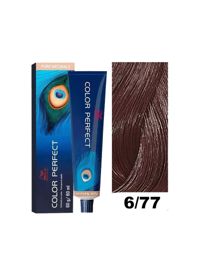 Tinte para el cabello Color Perfect Wella en tono 6.77, muestra el color rubio oscuro con reflejos dorados.