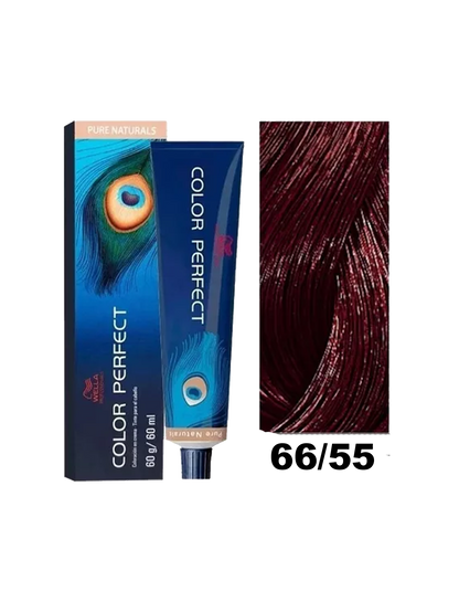 Tinte Wella Color Perfect en tono 66.55, frasco de coloración capilar, muestra el color rubio dorado en la botella