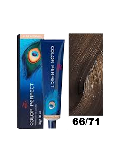 Tinte de color Wella Color Perfect en tono 66.71 con frascos y tubos de coloración para cabello.