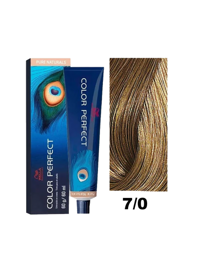 Tinte Color Perfect Wella en tono 7.0, color rubio oscuro, con frascos y caja, para cabello brillante y uniforme