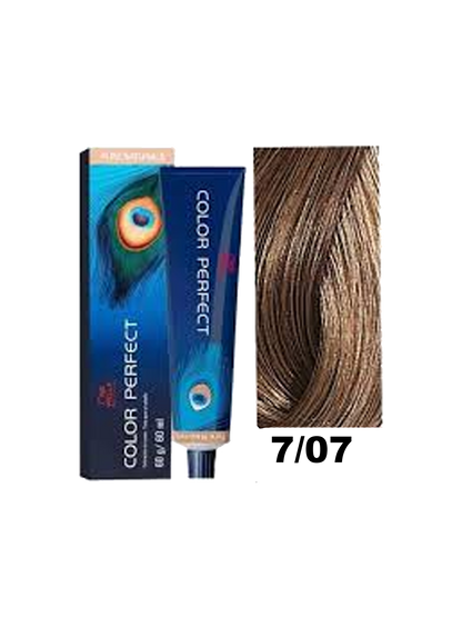 Tinta para cabello Wella Color Perfect en tono 7.07, frascos con coloración rubia ceniza en botella.