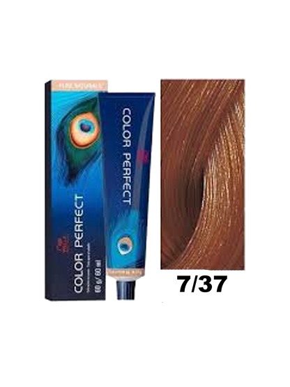 Tinte Wella Color Perfect en tono 7.37, color rubio dorado oscuro, con frascos y fórmula en la imagen