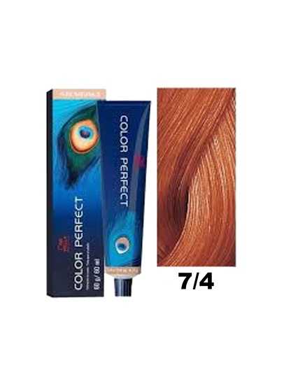 Tinte Wella Color Perfect tono 7.4 en una caja con frasco y tubo de color para cabello rubio dorado