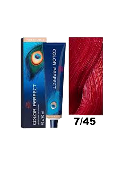 Tinte Color Perfect Wella en tono 7.45, color rubio dorado, para cabello brillante y uniforme.