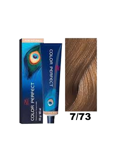 Tinte Wella Color Perfect en tono 7.73, color rubio dorado con reflejos cálidos, con envase y etiqueta visible.