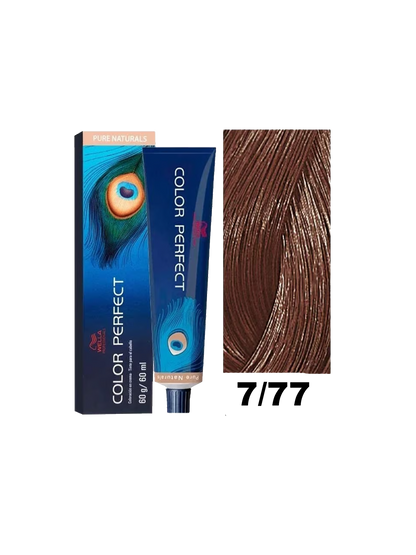 Tinte Wella Color Perfect en tono 7.77, muestra el color rubio oscuro con reflejos cálidos, en envase de tintura capilar.
